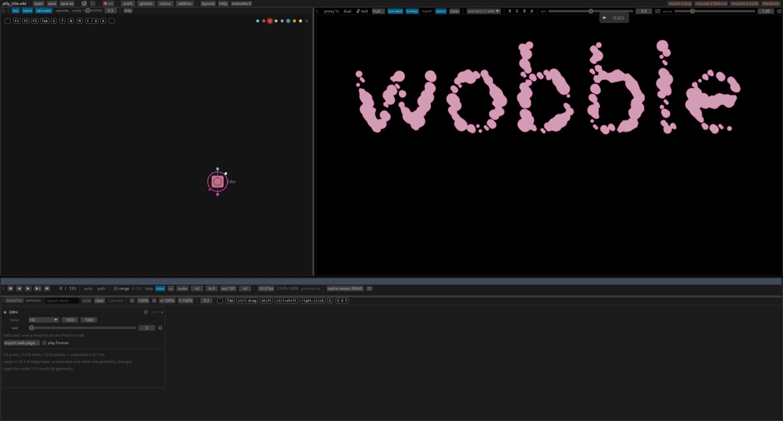 Wobble: the node graph on the left, the word wobble as a soft-body simulation in the viewer on the right